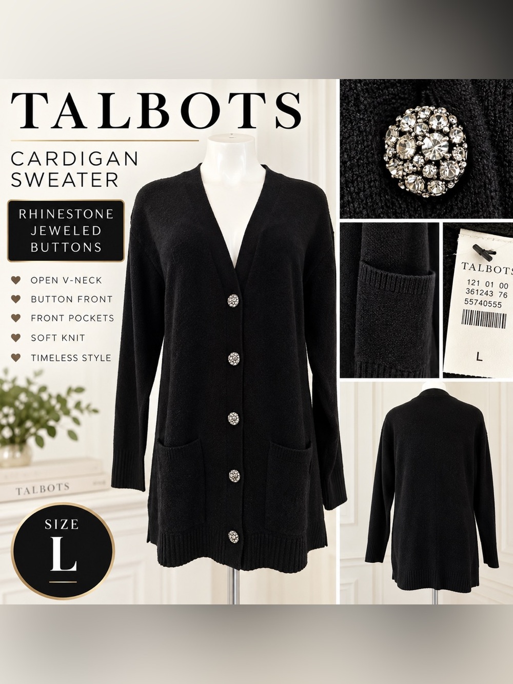 NWT Talbots Black Cardigan Sweater L/12/14 Rhinestone Jeweled Buttons Pocket